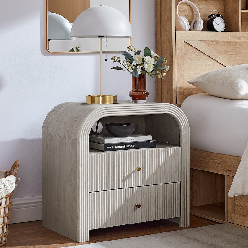 Modern Fluted Nightstand with Charging Station, Arched End Table - White Alder