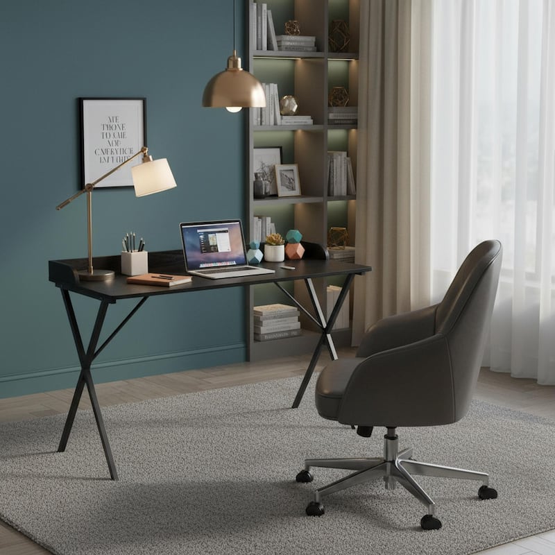 Homylin Modern Metal Frame Writing Desk with Raised Back Shelf, Black - 47.2“ Black