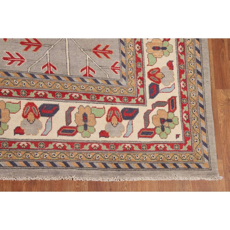 Grey Traditional Kazak Rug Hand-Knotted Wool Carpet - 9'7" x 13'2"