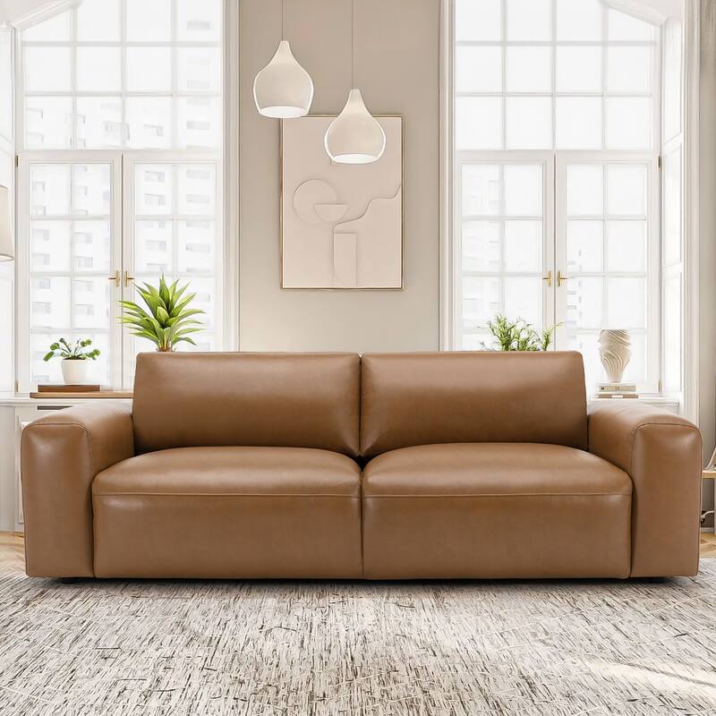 95" Oversized 3-Seater Sofa - Extra Deep Seats & Wide Arms, Down-Filled PU Leather Couch for Living Room, Apartment - Auburn