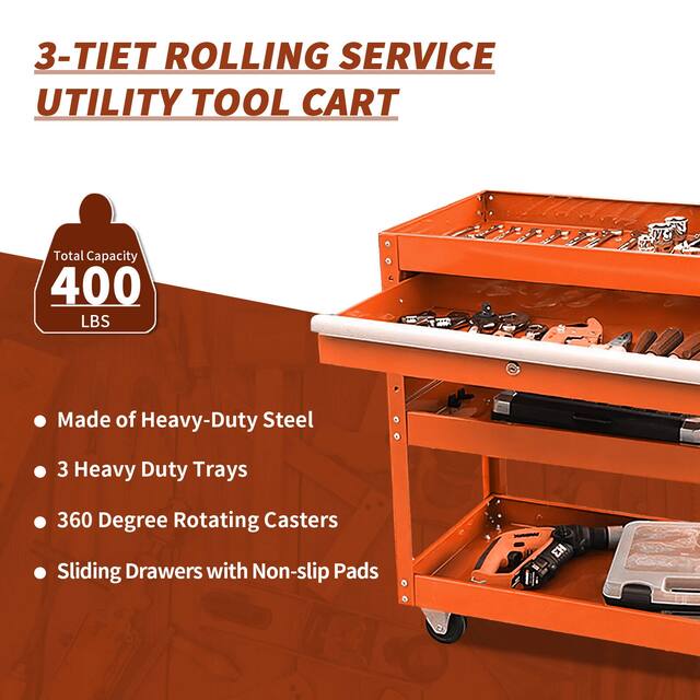 3-Tier Rolling Tool Cart with Drawer Steel Utility Storage Tool Box