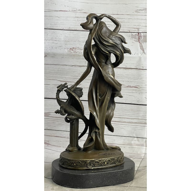 Fantasy Female Figure Art Nouveau Dragon Candle Holder Candelabra Bronze Sculpture