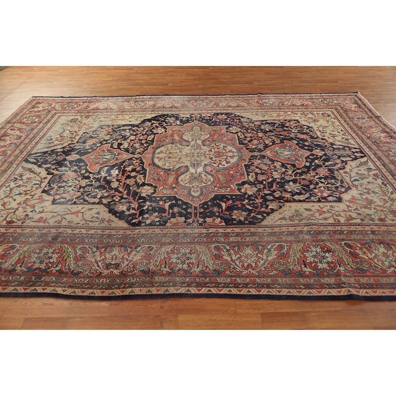 Hand Knotted Oriental 100% Wool Carpet Traditional Medallion Navy Blue & Blues Sarouk Area Rug - 11' 5'' X 8' 7''