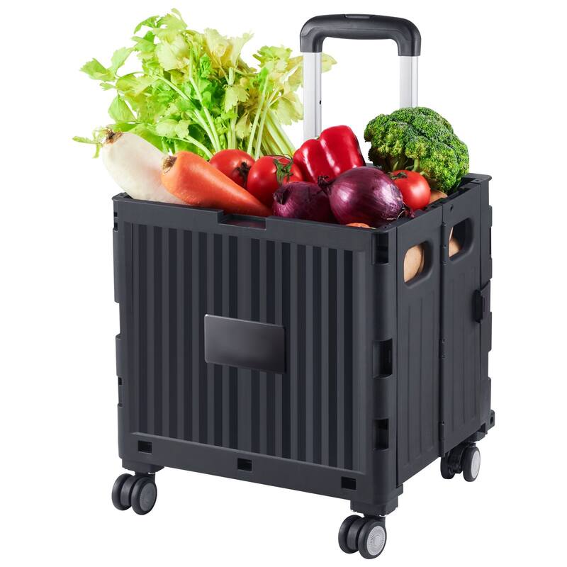 Black Plastic Foldable and Portable Utility Cart with Heavy Duty Telescoping Handle and 4 Rotate Wheels