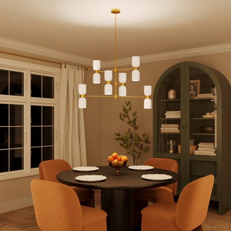 Acroma Gold 12-Light Dimmable Chandelier with White Glass Shades