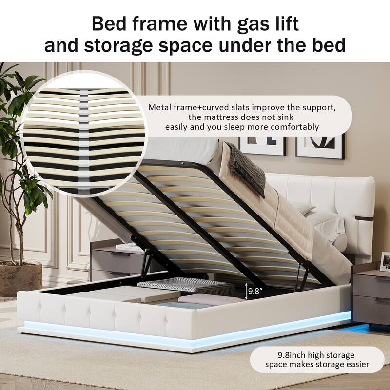 Grounded Bed Upholstered Platform Bed w/ Storage Underneath, White Full