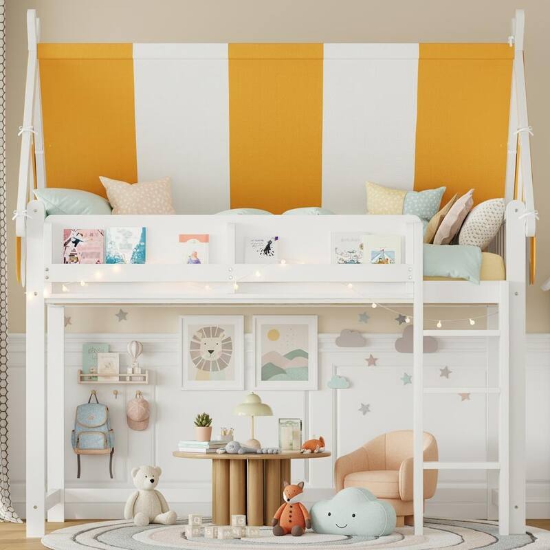 Loft Bed with Canopy, LED Fairy Lights & Front Bookshelf by Harper&Bright Designs - White - Twin