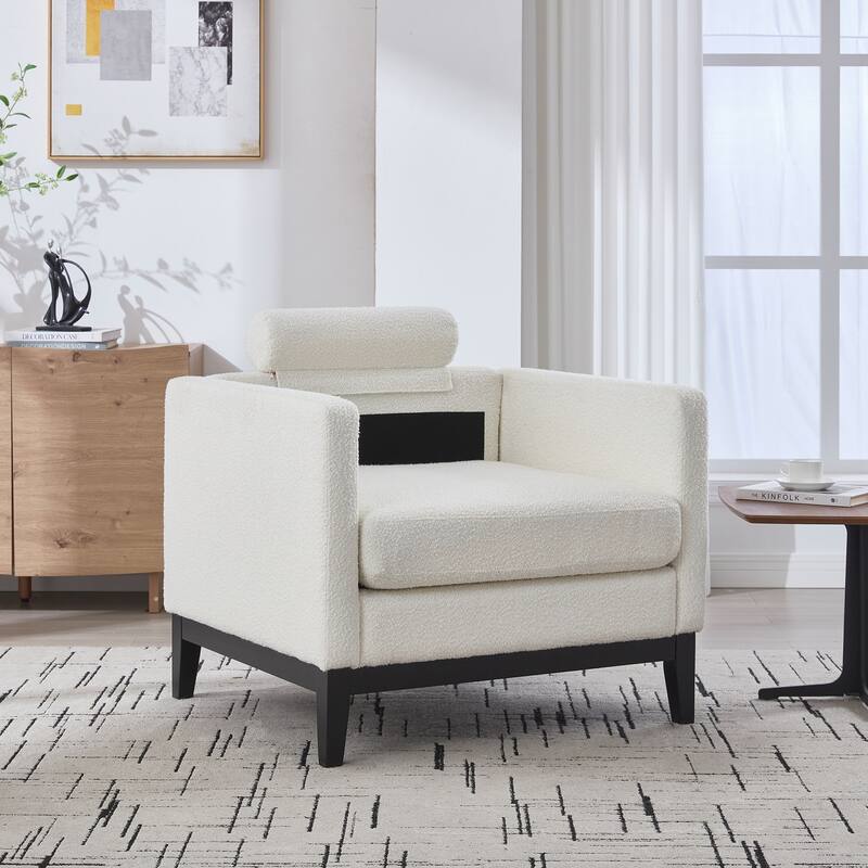 Modern Farmhouse Accent Chair , Wood Base Reading Armchair Single Sofa with Two Bolster Pillows for Living Room - Ivory+Black