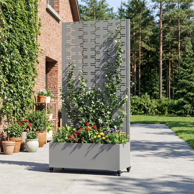 Metal Planter Box with Trellis Privacy Screen Planter Box with Lockable Wheels
