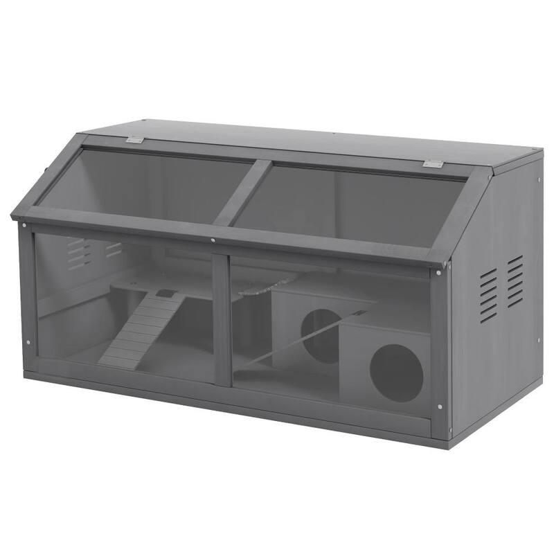 Charcoal Grey Fir Wood Hamster Cage with Hut, Ladder and Suspension Bridge - 33.5" L x 17.7" W x 17.3" H