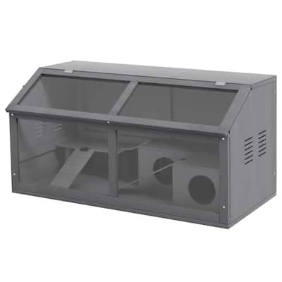 Charcoal Grey Fir Wood Hamster Cage with Hut, Ladder and Suspension Bridge - 33.5" L x 17.7" W x 17.3" H