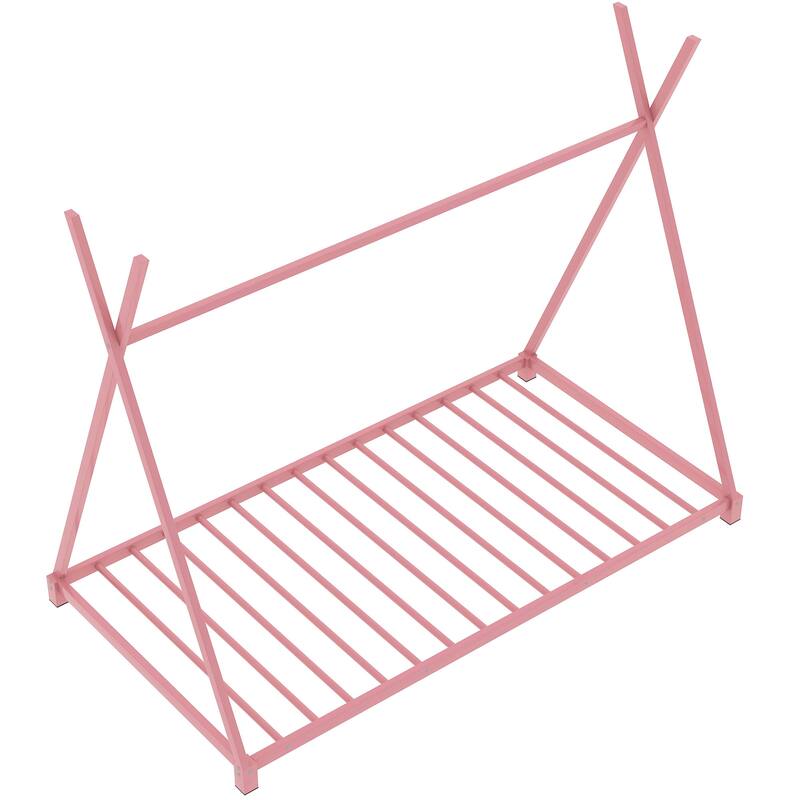 Pink Twin Size Metal House Platform Bed with Triangle Structure for Bedroom