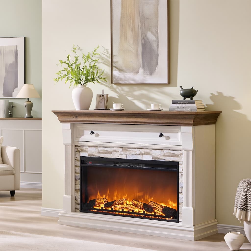 52" Farmhouse Electric Fireplace TV Stand, Wood Entertainment Center