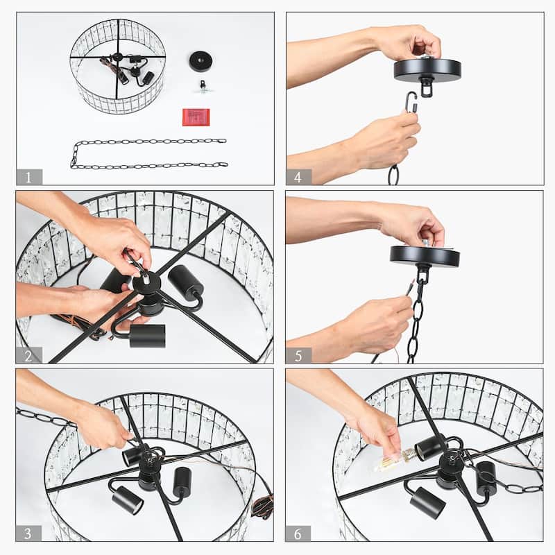 Aulia Modern 3-Light Black Crystal Drum Chandelier for Living Dining Room