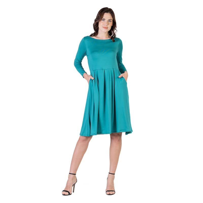 24seven Comfort Apparel Midi Length Fit N Flare Pocket Dress - Grass - M