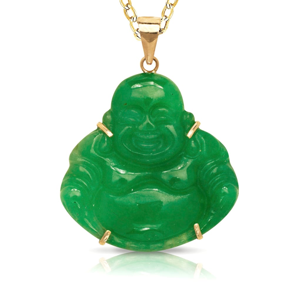 Curata 14k Yellow Gold 18" 24x30mm Carved Jade/Onyx Laughing Buddha Necklace