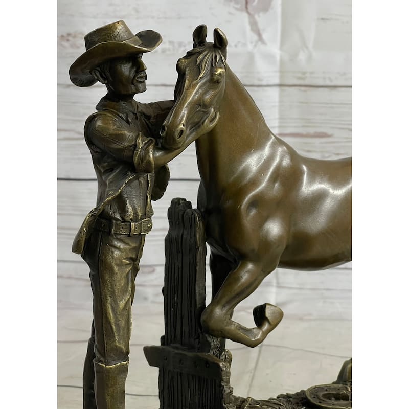 Cowboy Rancher Tending Imitative Horse Bronze Statue Sculpture Figure Western Decor 11 Inches X 12 Inches