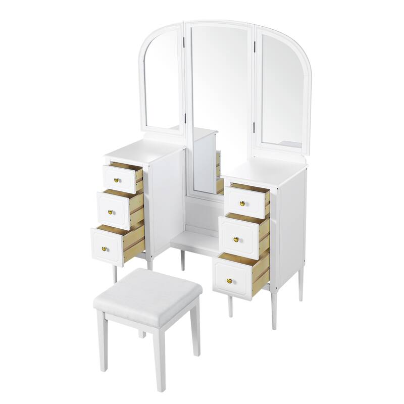 Antique Makeup Vanity Desk with Triple Mirror, 6-Drawer Dressing Table Set Including Stool