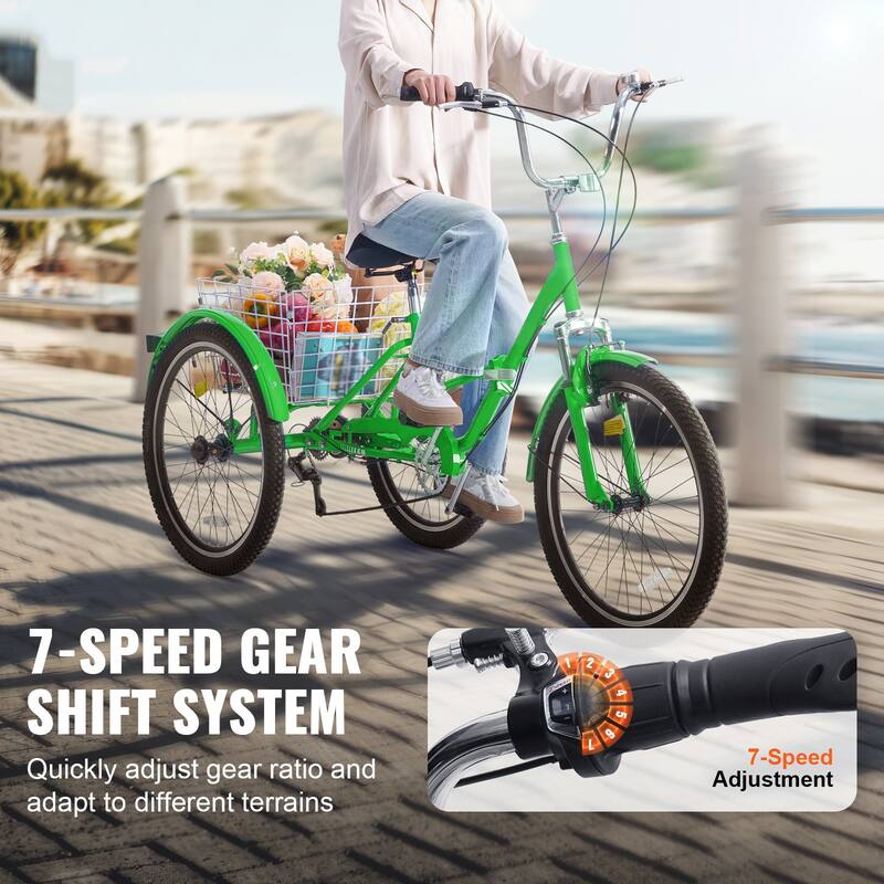 24-Inch Folding Adult Tricycle, 7-Speed Carbon Steel 3-Wheel Bike with Basket - 70.9 x 29.9 x 45.9 in