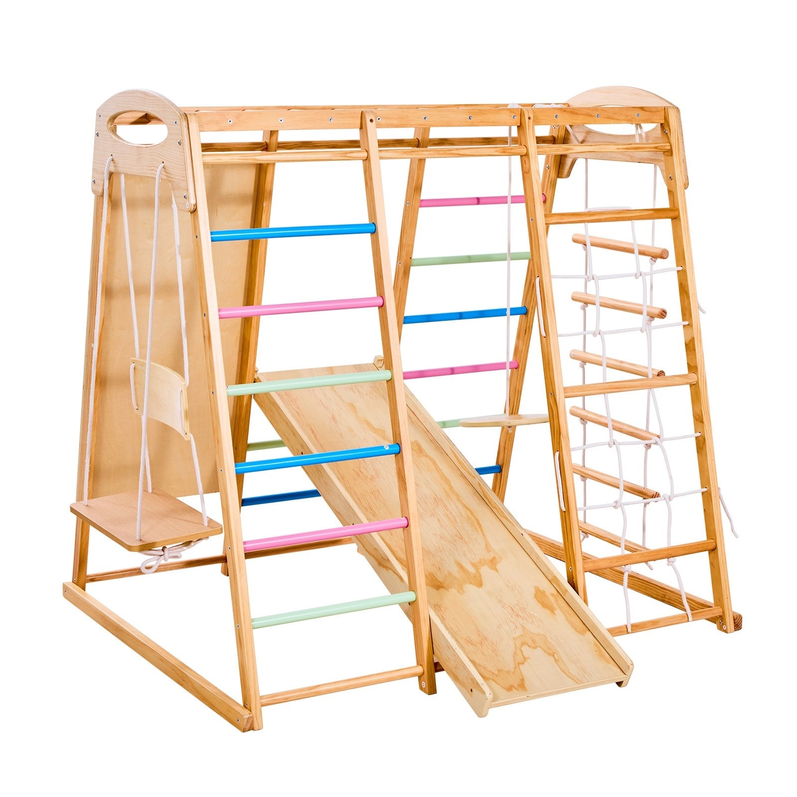 Colorful 9 in 1 Indoor Playground Jungle Gym for Kids with Extended Slide Swing Climbing Net Monkey Bars and 250 lbs Capacity