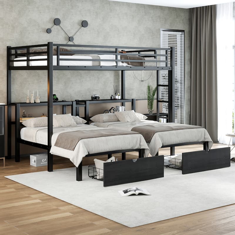 Full XL/Twin/Twin Metal Triple Bunk Bed with Drawers, Shelving and USB Charging