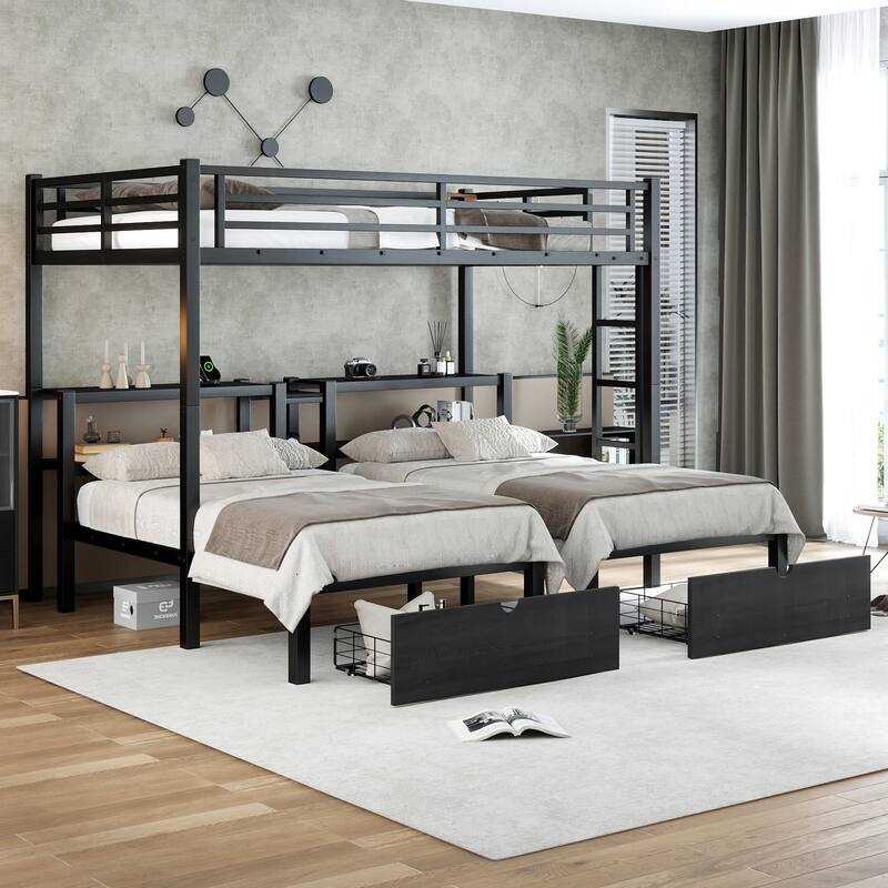 Roomfitters Full XL over Twin & Twin Metal Triple Bunk Bed with Drawers, Headboard Shelves & USB Ports, Black