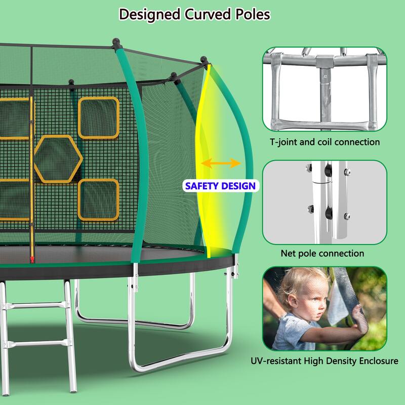 12FT Trampoline, Outdoor Trampolines for Kids and Adults, Recreational Trampoline with Enclosure Net Ladder