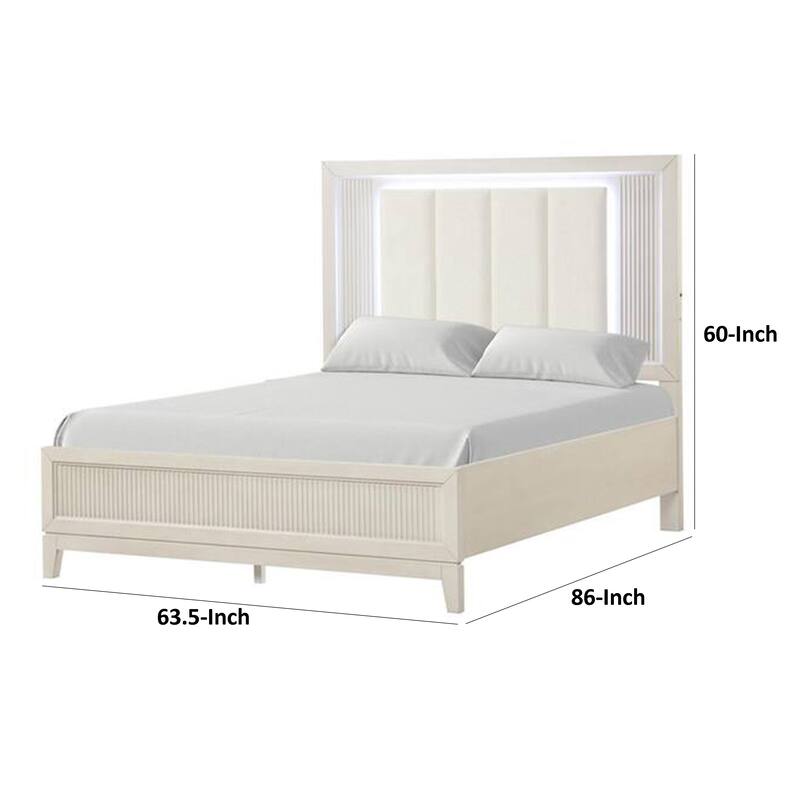 Toi Queen Bed, LED Headboard w Tufted Upholstery, Fluted Antique White