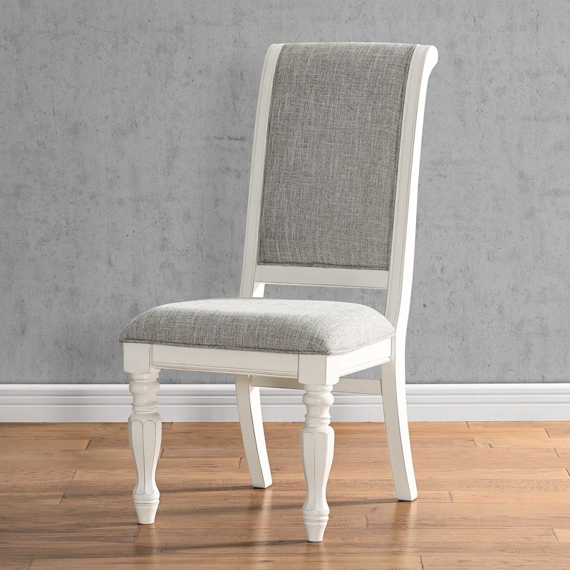 Roundhill Furniture Belleza Antique White Solid Wood Upholstered Dining Chairs, Set of 2