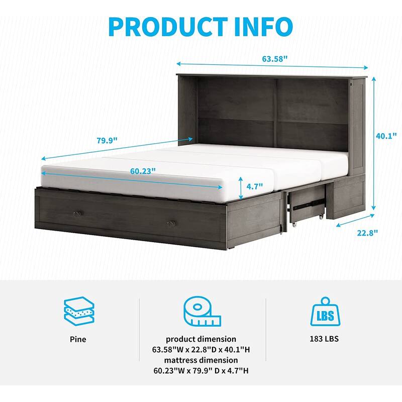 Mixoy Modern Murphy Bed with Mattress and USB Port,Storage Bed with Drawer