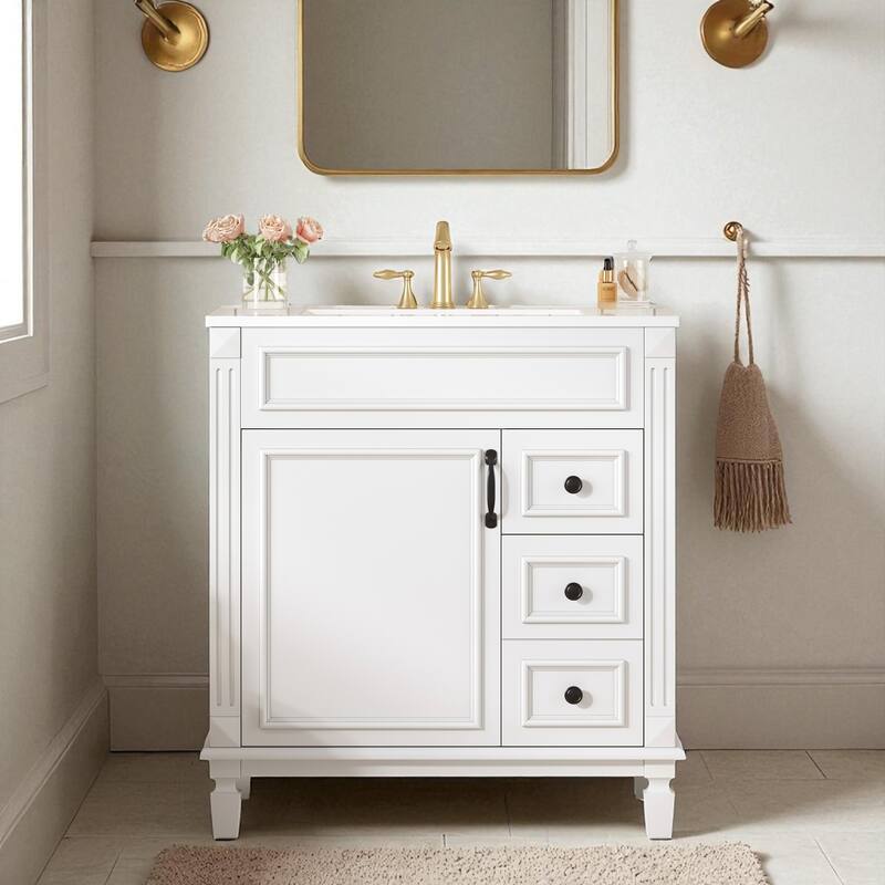 30" Bathroom Vanity with Ceramic Sink Combo, Modern Small Bathroom Storage Cabinet with Drawers & Adjustable Shelf - White