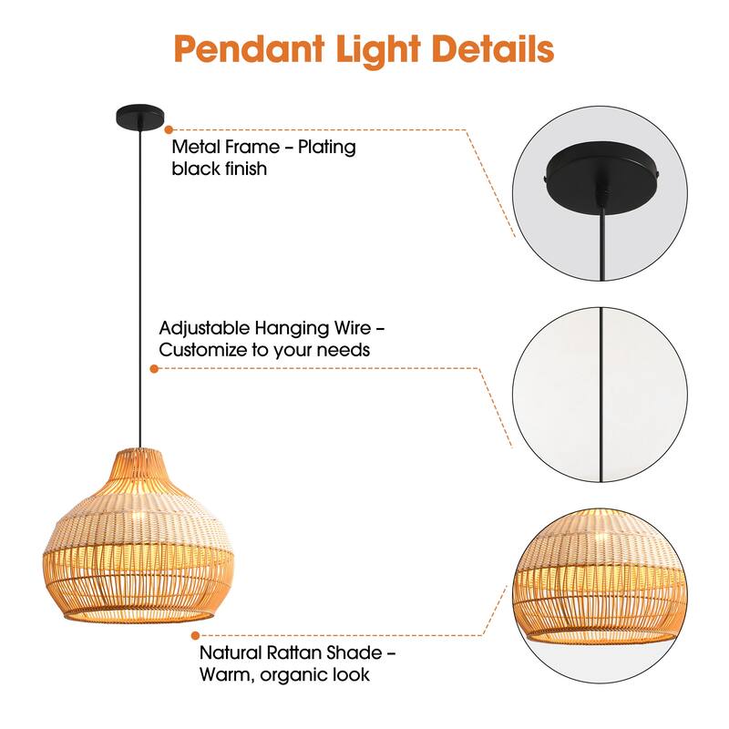 17" Bohemian Woven Wicker Round Adjustable Pendant Light Chandelier for Dining Room