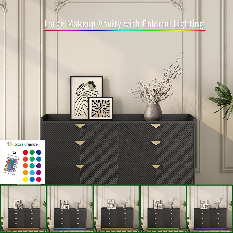 Drawer Dresser with LED Light, Wide Wood Storage Dresser Organizer, Double Storage Chest with 8 Drawer & Fluted Panel