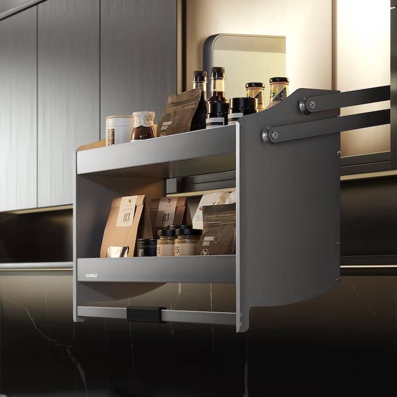 HIGOLD Shearer 2-Tier Pull Down Cabinet Organizer 35.4" Aluminium Kitchen Storage Shelf - 34.57"W x 11.14"D x 20.59"H - 34.57"W x 11.14"D x 20.59"H