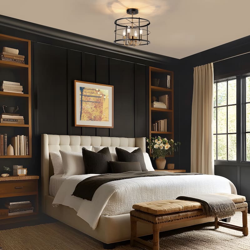 Modern 4-Light Black Gold Drum Semi Flush Mount Foyer Kitchen Ceiling Lights