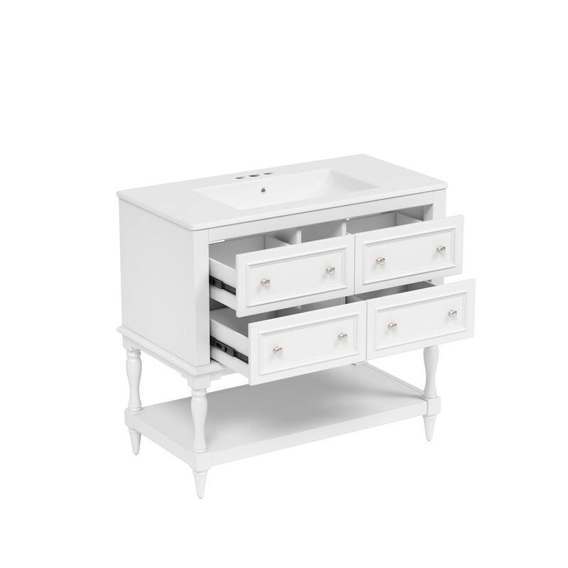 Roomfitters 36" Vanity with Undermount Ceramic Sink, Solid Wood Cabinet with 4 Drawers, Freestanding Bathroom Set