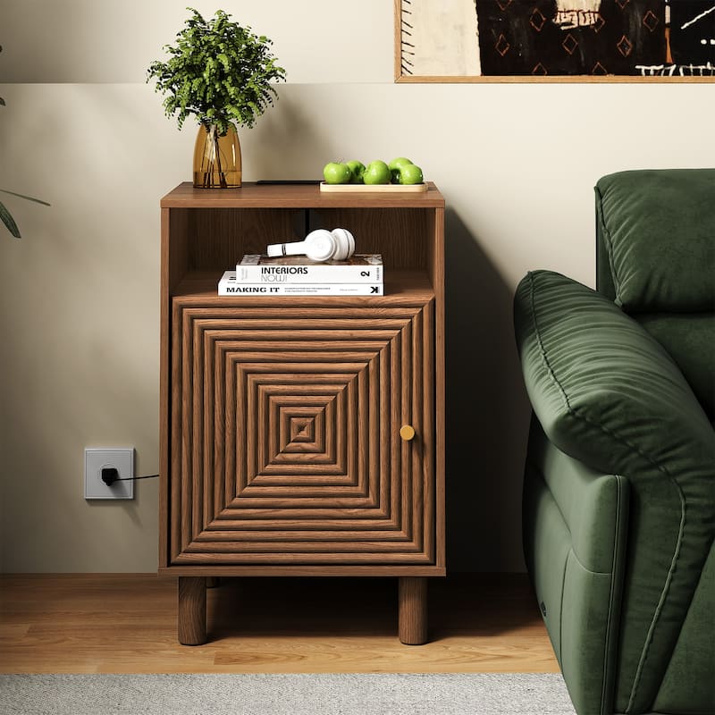 Nightstand with Charging Station and Solid Wood Legs - Brown