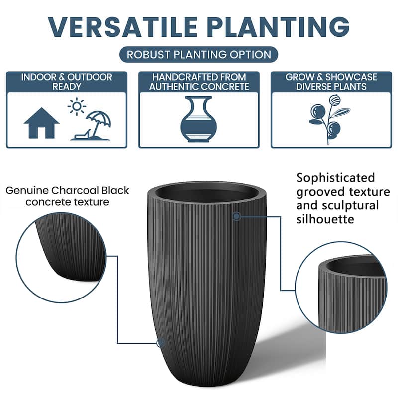 Textured Granite Gray Tall Concrete Round Plant Pots / Large Indoor and Outdoor flower Planters (13.5 Inch x 24.5 Inch)