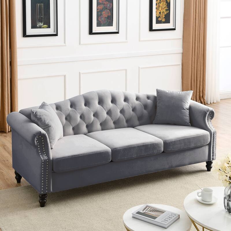 Chesterfield Velvet 3+3 Seater Sofa Tufted Couch with Rolled Arms and Nailhead & Pillows for Living Room, Bedroom, Apartment