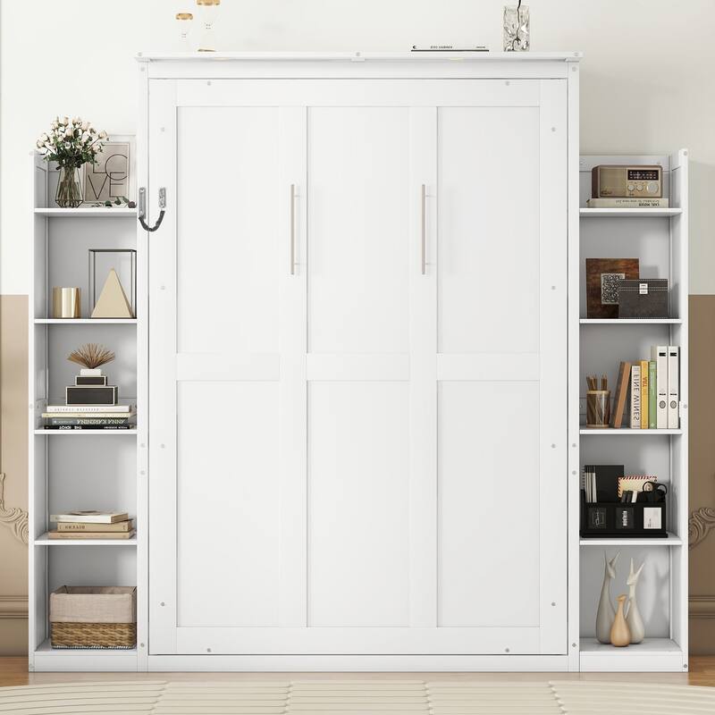 Roomfitters Full Size Murphy Bed with Shelves and LED Lights, Foldable Wall Bed with Storage Cabinet - White