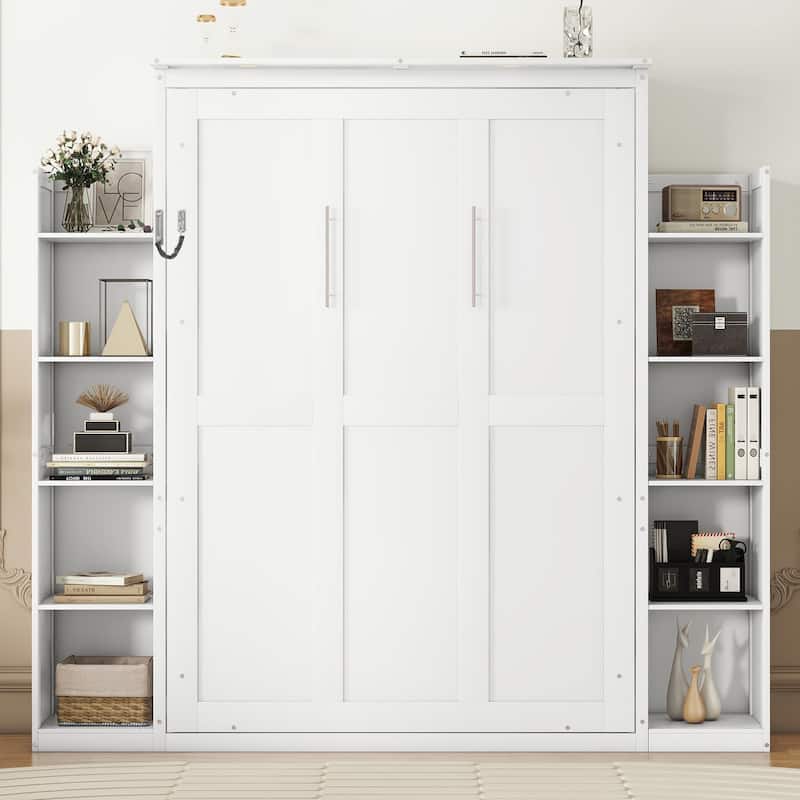 Space-Saving Wall Bed with Shelves, LED Lights, and Mattress Holder, White