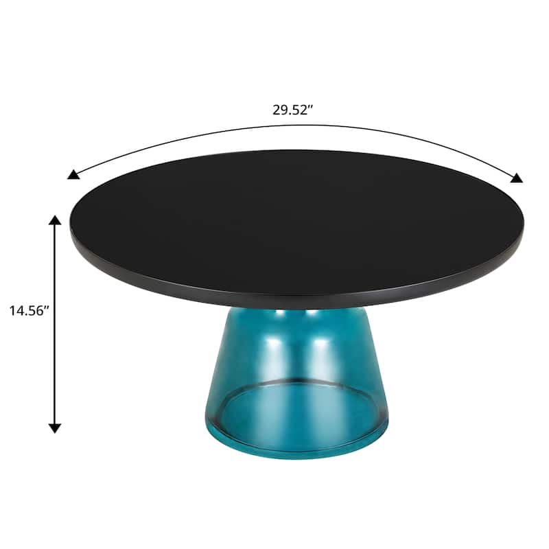 30-Inch Round Coffee Table Glass/Stone Tabletop with Black Iron Rim Frame Glass Pedestal Base