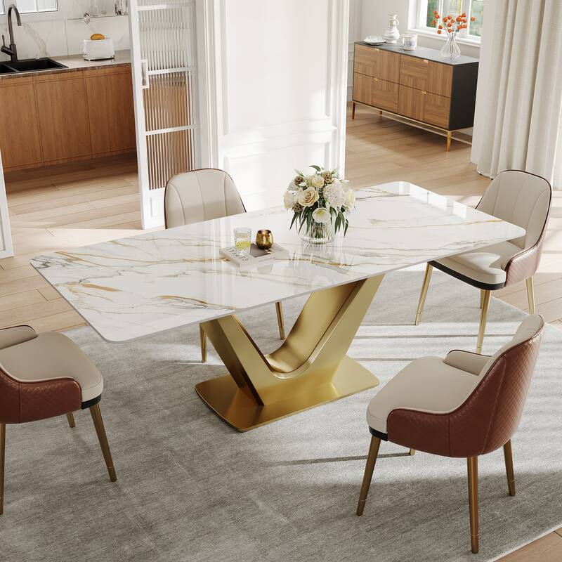 71'' Modern Rectangular Dining Table for 6, White Glossy Sintered Stone top with Gold Stainless Steel Legs