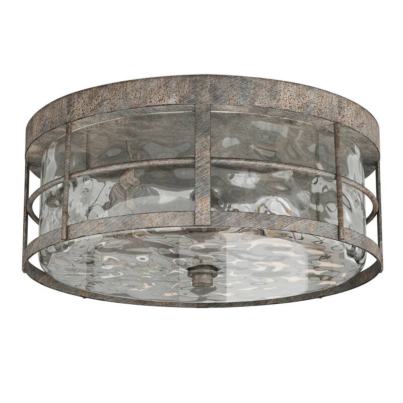 Industrial Grey Rust Flush Mount Ceiling Light with Water Ripple Glass Shade
