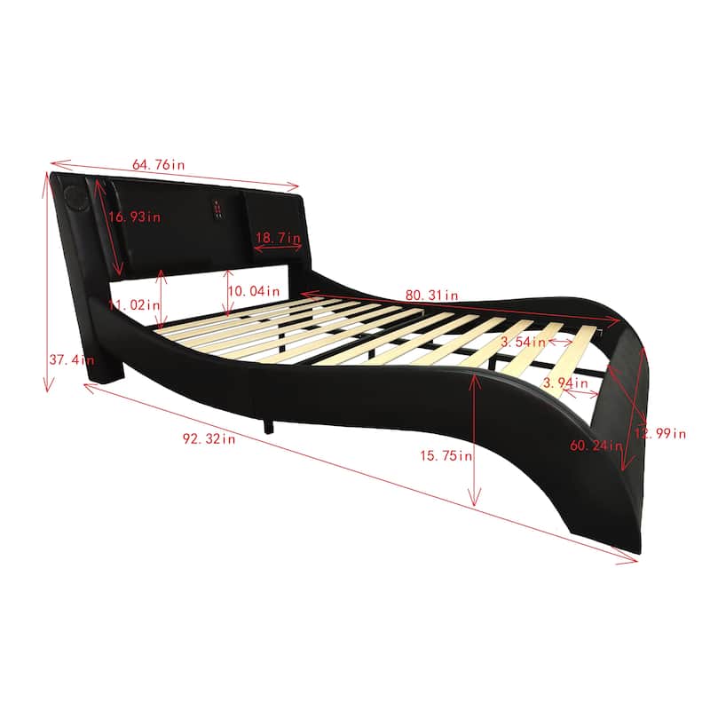 Black Queen Size Faux Leather Upholstered Platform Bed with LED Lighting and Wood Slat Support