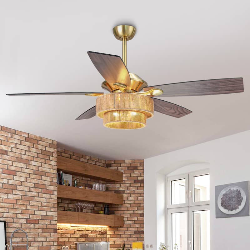 52" Farmhouse Natural Rope Reversible 5-Blade Gold Ceiling Fan with Remote