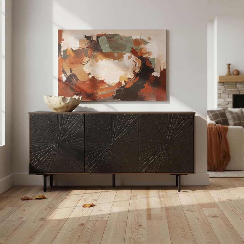 64 Inch Cosmo TV Stand Console, 3-Door Cabinet, Dark Walnut Brown & Black Mango Wood