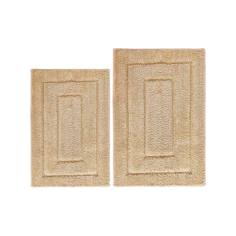 Beige 2 Piece Bordered Box Plush Soft Cozy 100% Polyester Bath Mat Set