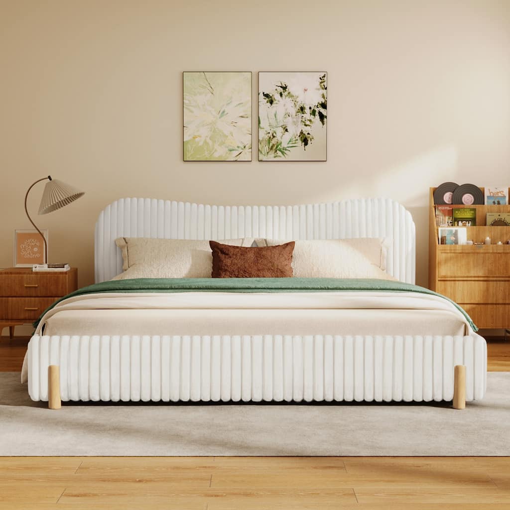 Queen Size Upholstered Bed with Wavy Headboard and Vertical Stitching in White Boucle Fabric