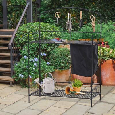 Outsunny Outdoor Plant Potting Utility Garden Table with Build-in Bag 5 Top Hooks for Hanging Tools & Spacious Workspace
